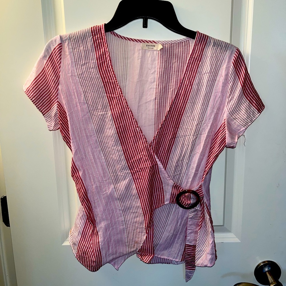 Red striped wrap blouse